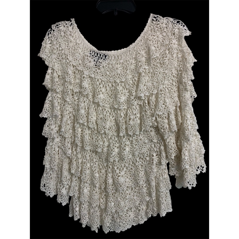 Aria A Cream Crochet Lace Top S/M Tiered Boho Floral Knit Blouse